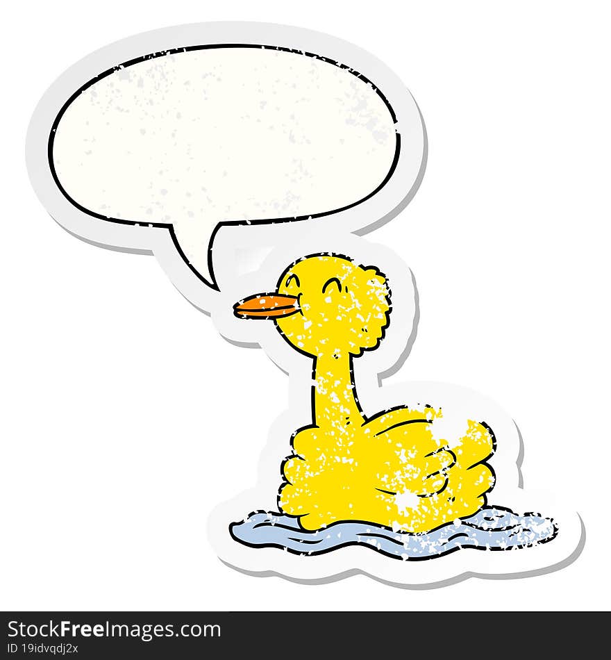 cartoon swimming duck with speech bubble distressed distressed old sticker. cartoon swimming duck with speech bubble distressed distressed old sticker