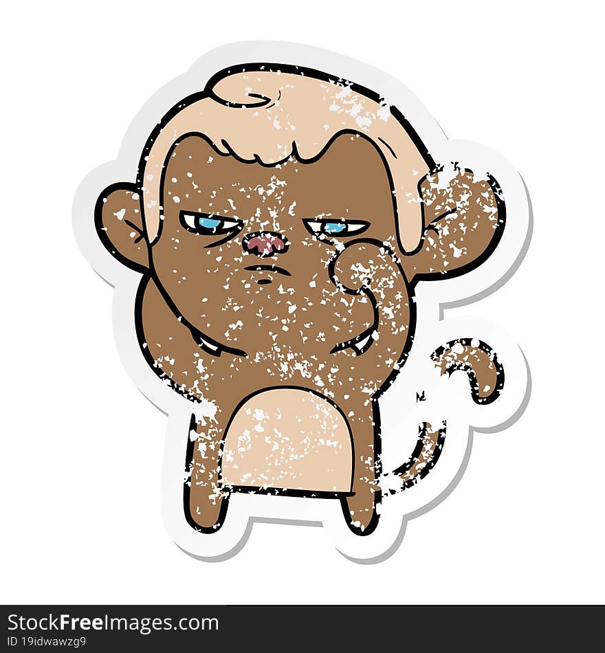 distressed sticker of a cartoon annoyed monkey