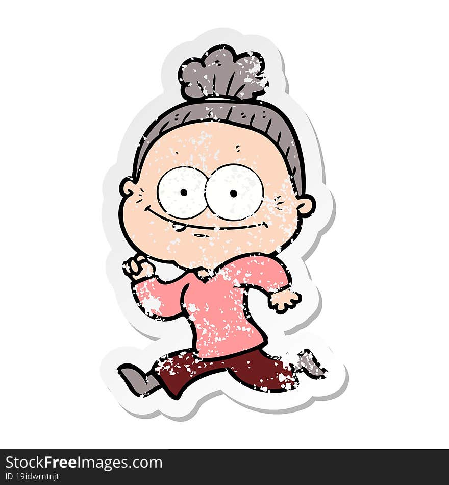 distressed sticker of a cartoon happy old woman