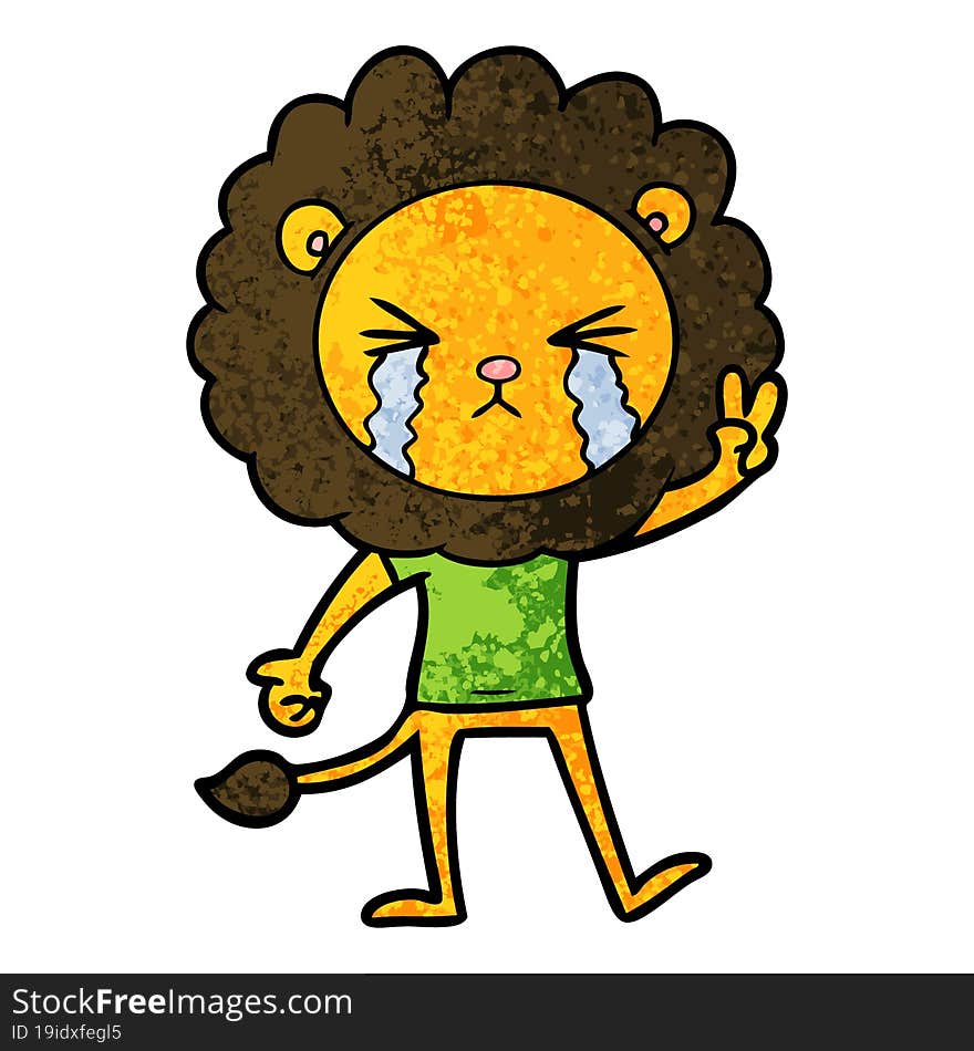 cartoon crying lion giving peace sign. cartoon crying lion giving peace sign