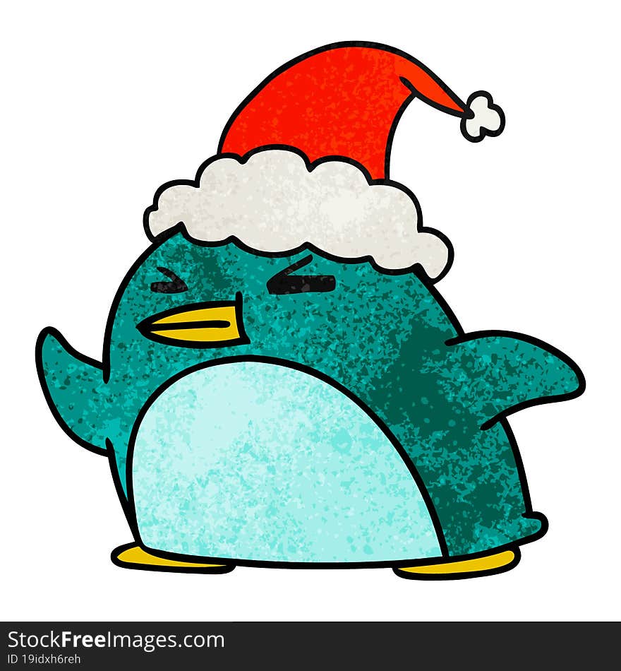 hand drawn christmas textured cartoon of kawaii penguin