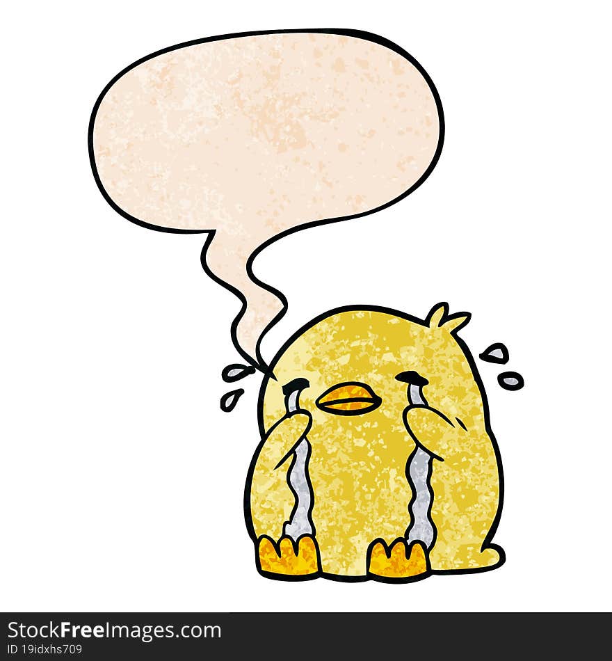 cartoon crying bird and speech bubble in retro texture style