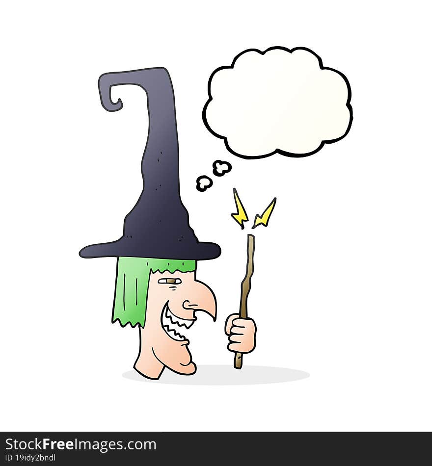 freehand drawn thought bubble cartoon laughing witch