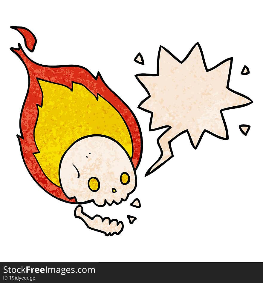 spooky cartoon flaming skull and speech bubble in retro texture style