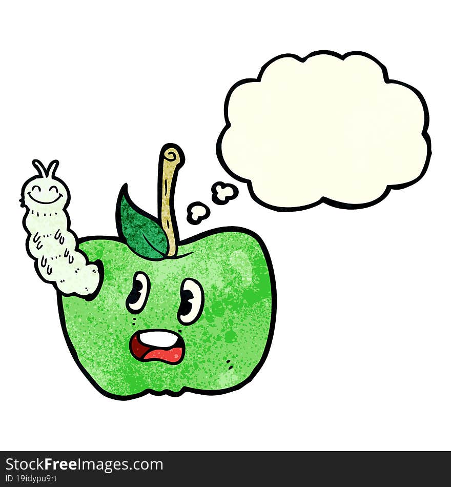 cartoon apple with bug with thought bubble