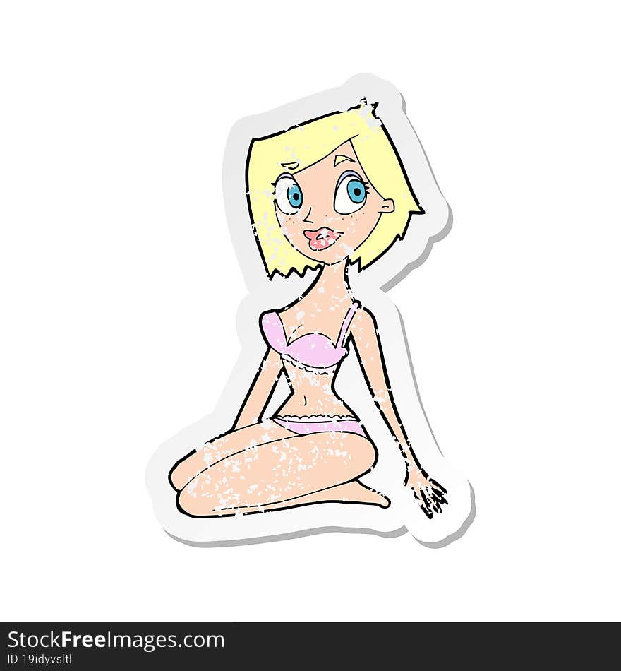 retro distressed sticker of a cartoon pretty woman in underwear