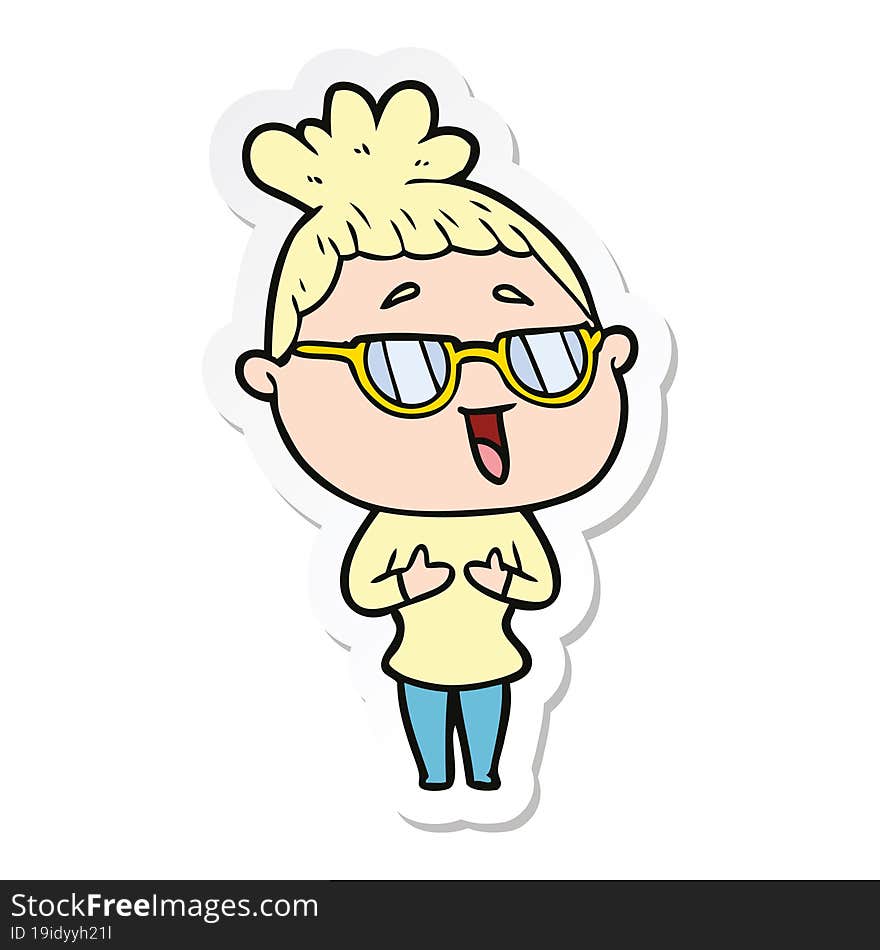 sticker of a cartoon happy woman wearing spectacles