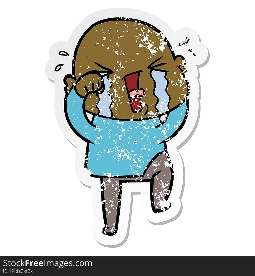 distressed sticker of a cartoon crying bald man