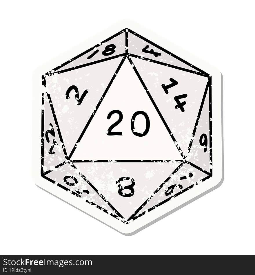 grunge sticker of a natural 20 D20 dice roll. grunge sticker of a natural 20 D20 dice roll