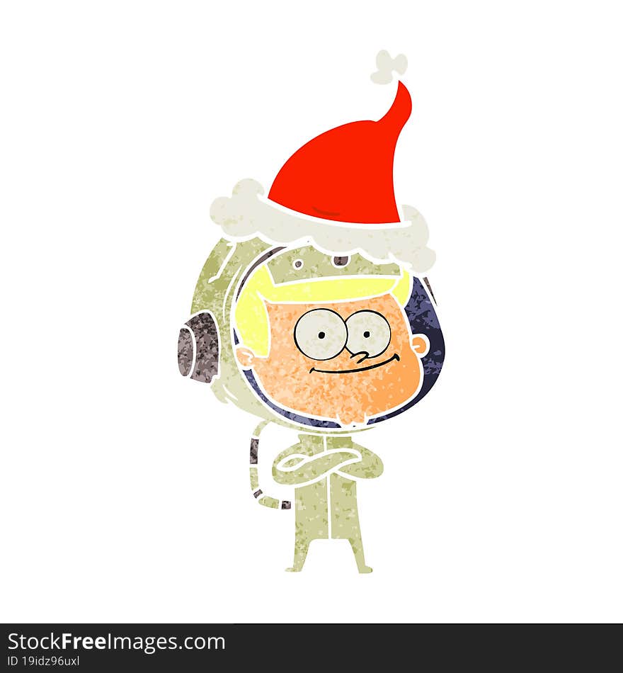 happy astronaut retro cartoon of a wearing santa hat