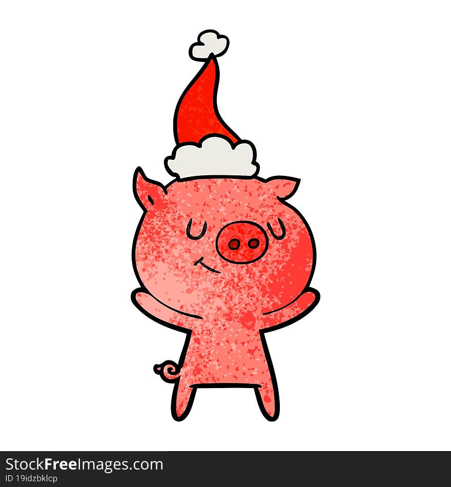 happy hand drawn textured cartoon of a pig wearing santa hat. happy hand drawn textured cartoon of a pig wearing santa hat