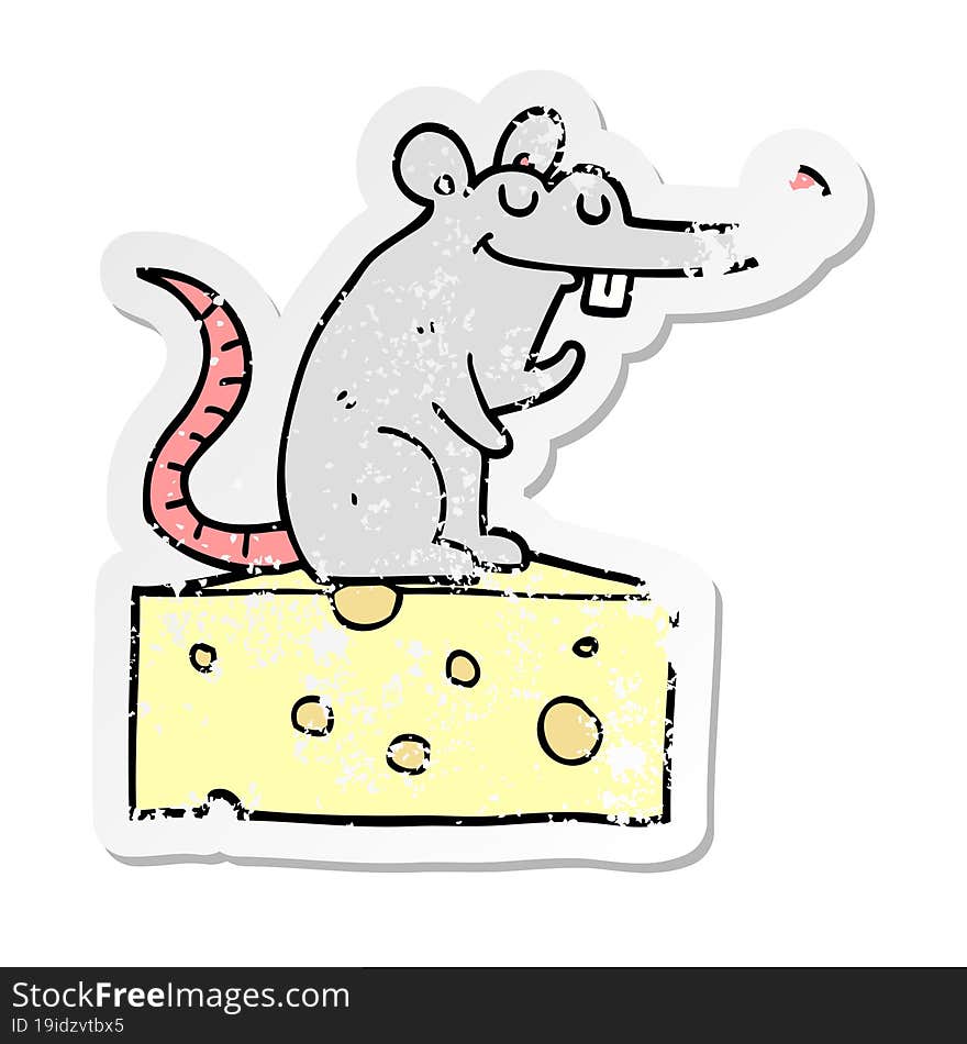 distressed sticker of a cartoon mouse sitting on cheese