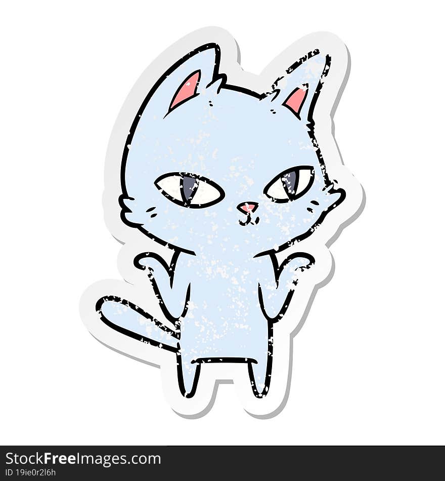 distressed sticker of a cartoon cat staring