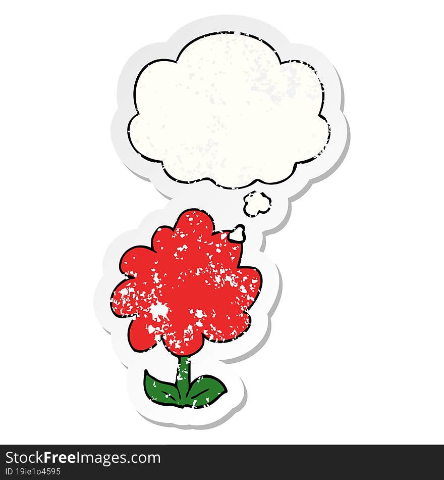 cartoon flower and thought bubble as a distressed worn sticker