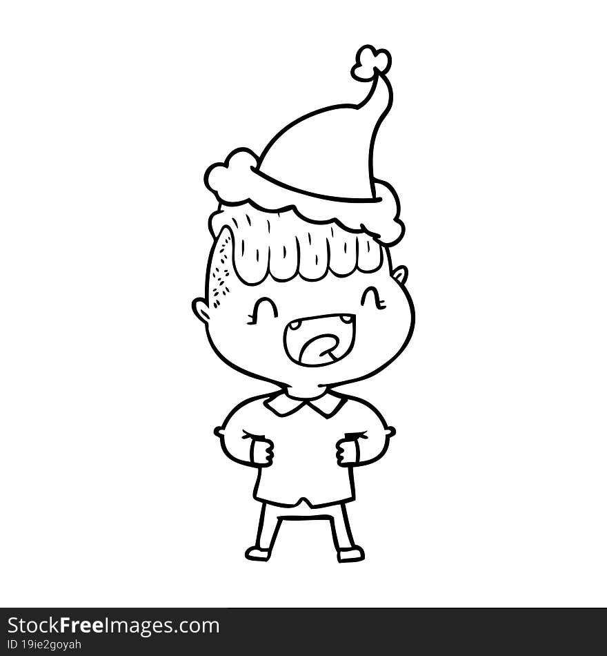 hand drawn line drawing of a happy boy laughing wearing santa hat