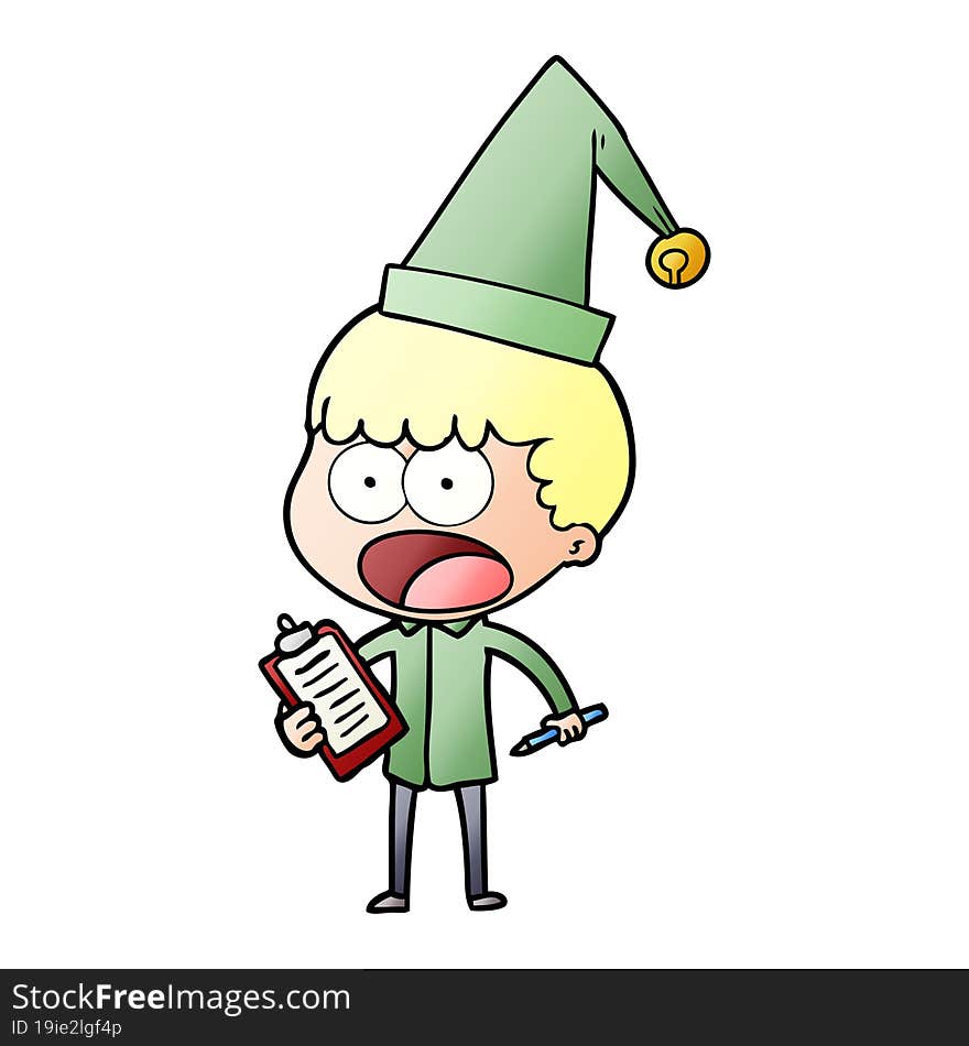 cartoon shocked xmas elf with clipboard and pen. cartoon shocked xmas elf with clipboard and pen