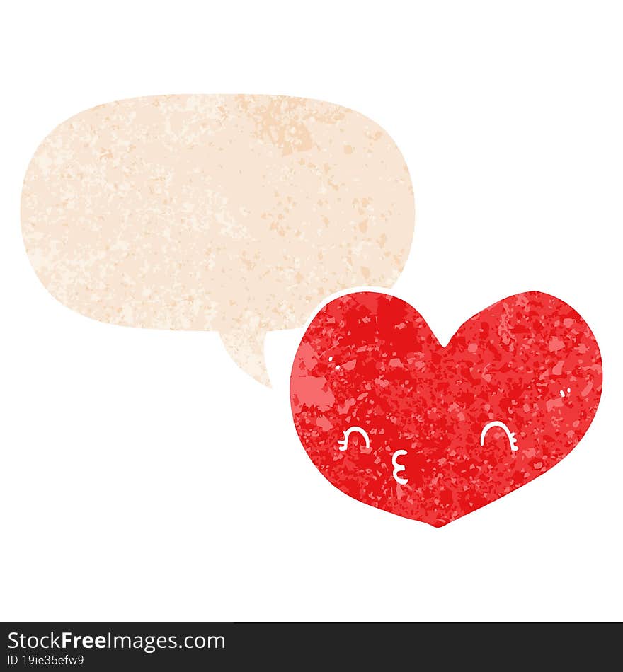 cartoon heart with face with speech bubble in grunge distressed retro textured style. cartoon heart with face with speech bubble in grunge distressed retro textured style