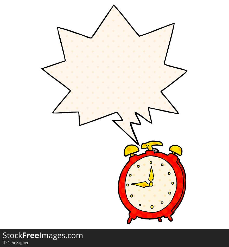 cartoon alarm clock with speech bubble in comic book style
