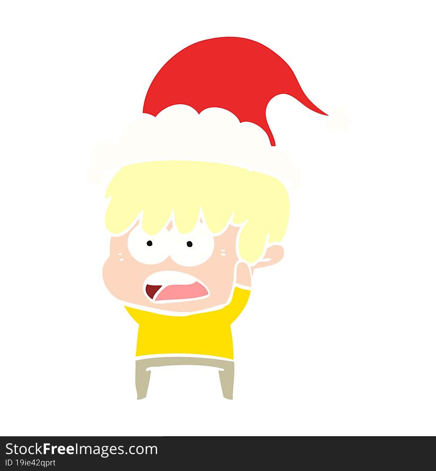 worried flat color illustration of a boy wearing santa hat