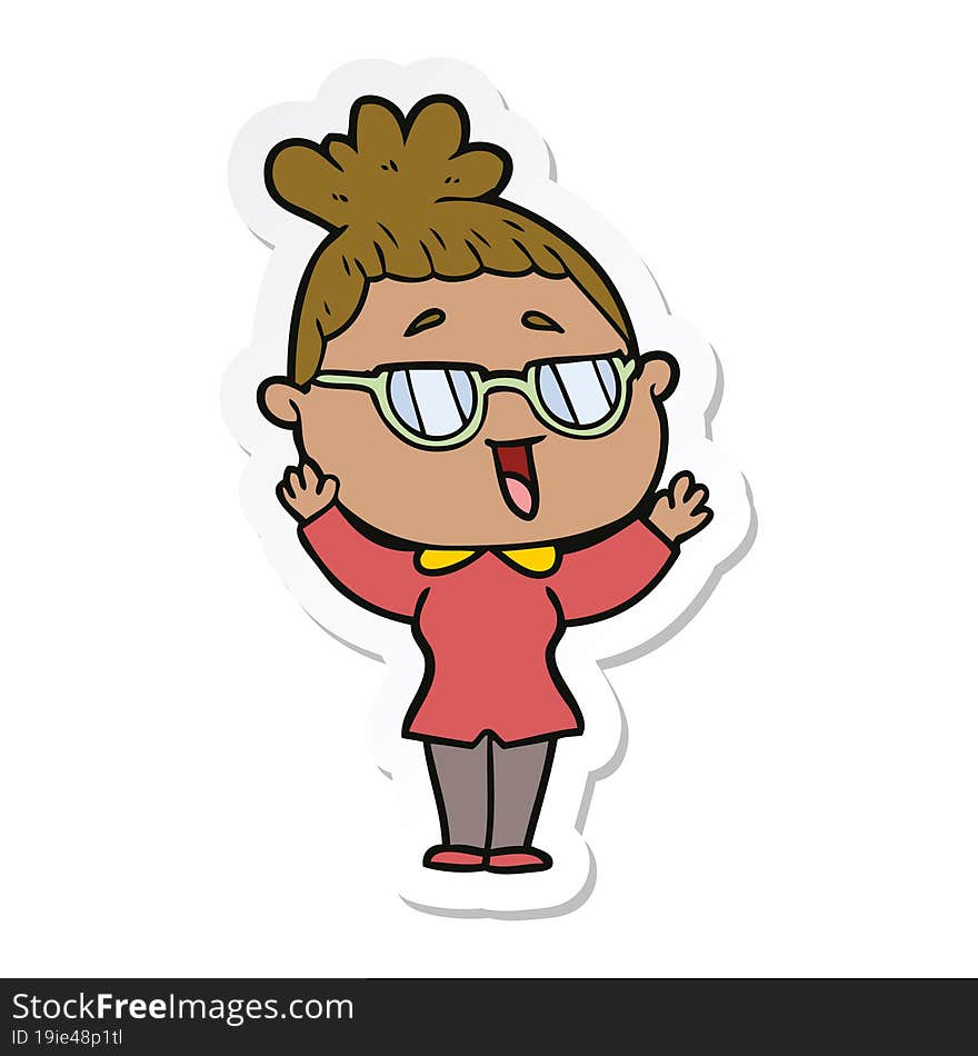 sticker of a cartoon happy woman wearing spectacles