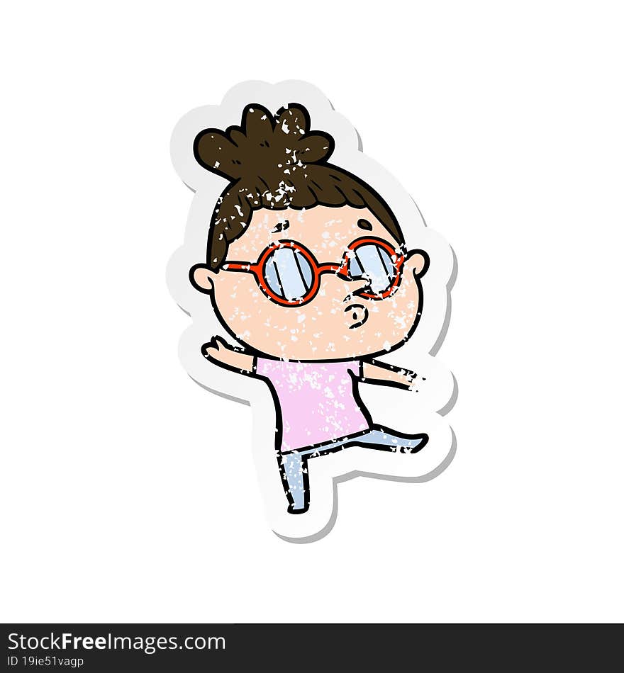 Distressed Sticker Of A Cartoon Woman Wearing Glasses