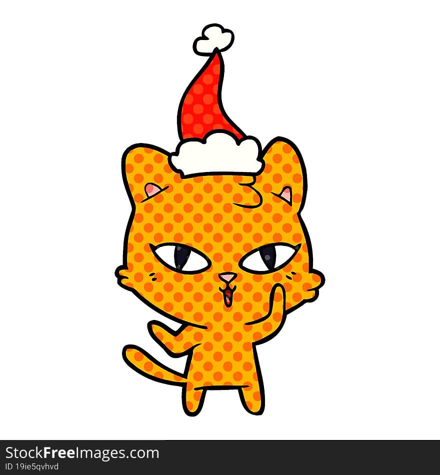 comic book style illustration of a cat wearing santa hat