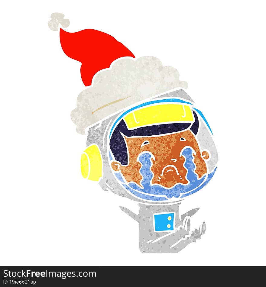 retro cartoon of a crying astronaut wearing santa hat