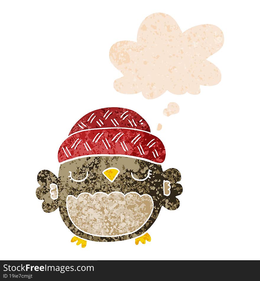 Cute Cartoon Owl In Hat And Thought Bubble In Retro Textured Style