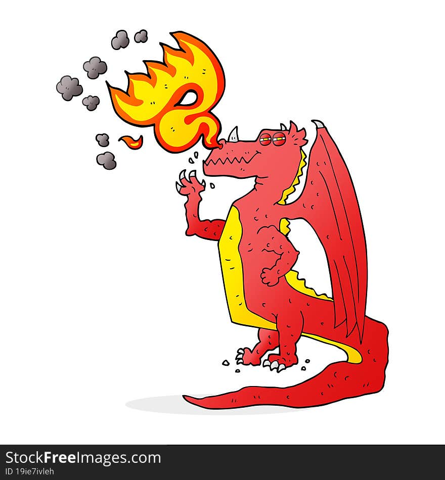 freehand drawn cartoon happy dragon breathing fire