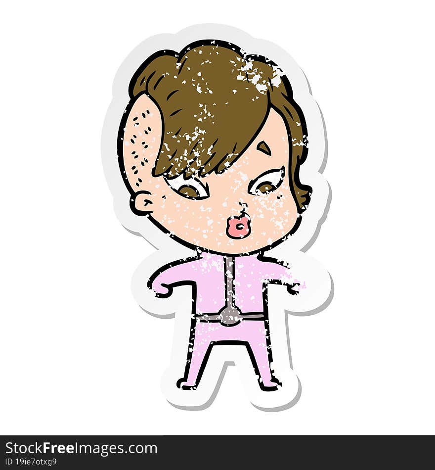 Distressed Sticker Of A Cartoon Surprised Girl In Science Fiction Clothes