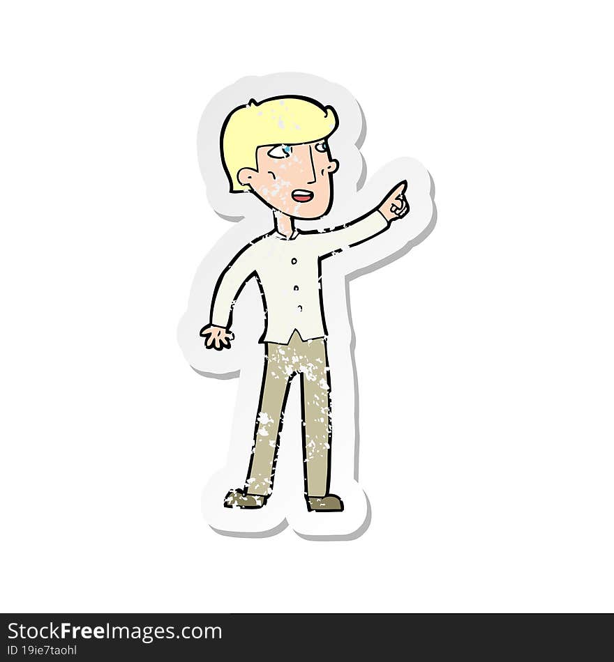 retro distressed sticker of a cartoon man pointing