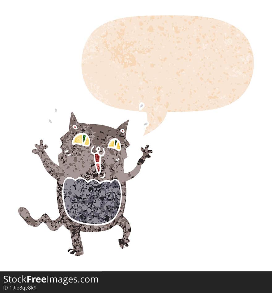 Cartoon Crazy Excited Cat And Speech Bubble In Retro Textured Style