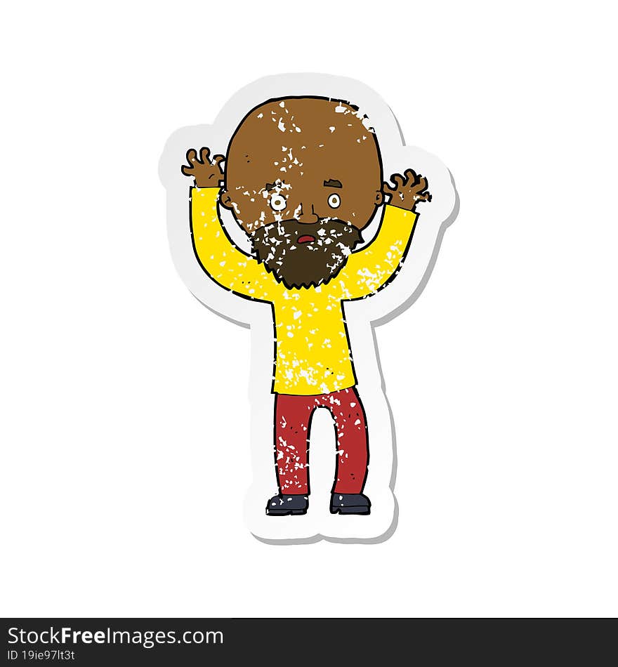 retro distressed sticker of a cartoon bearded man panicking