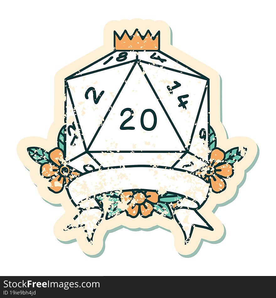 Retro Tattoo Style natural 20 critical hit D20 dice roll. Retro Tattoo Style natural 20 critical hit D20 dice roll