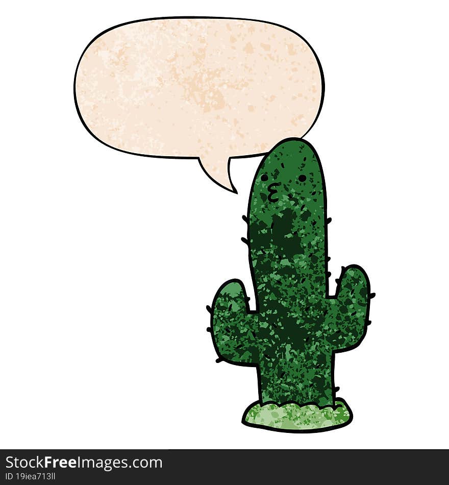 cartoon cactus and speech bubble in retro texture style