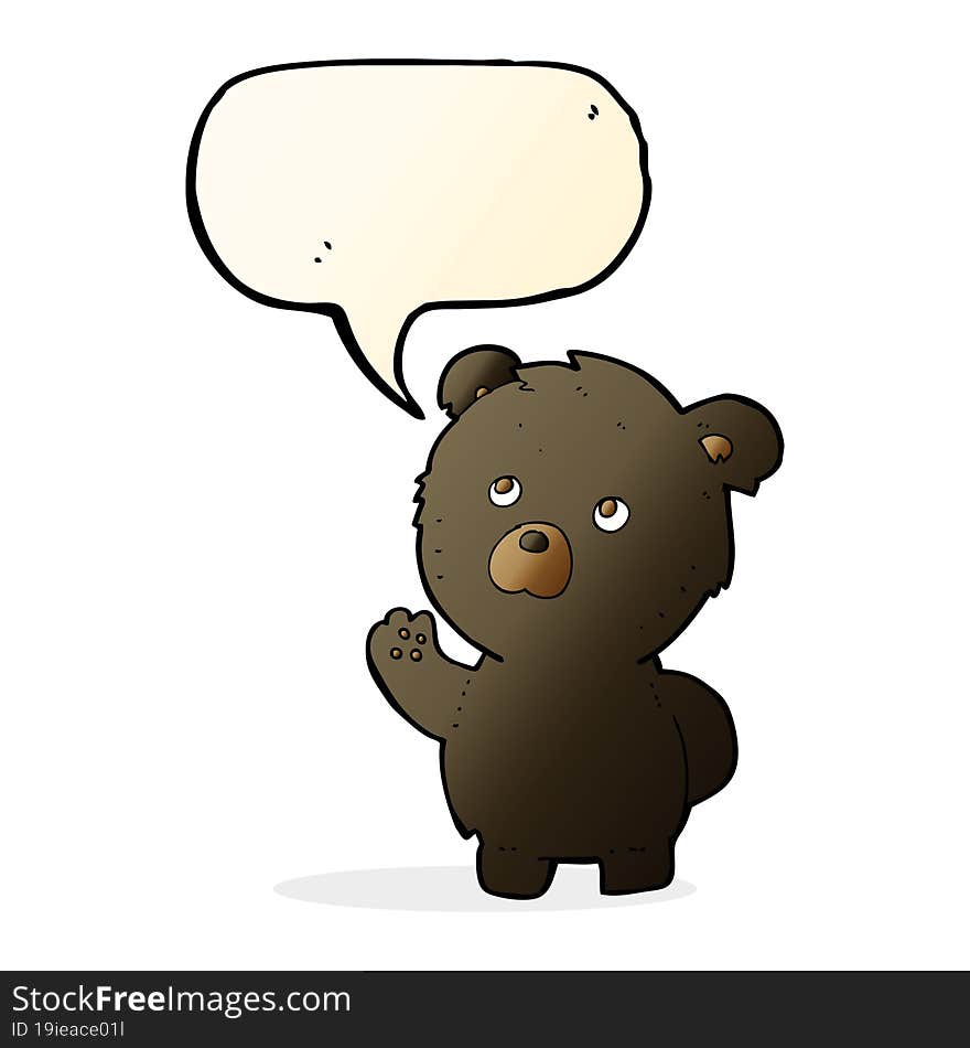 cartoon waving black bear with speech bubble