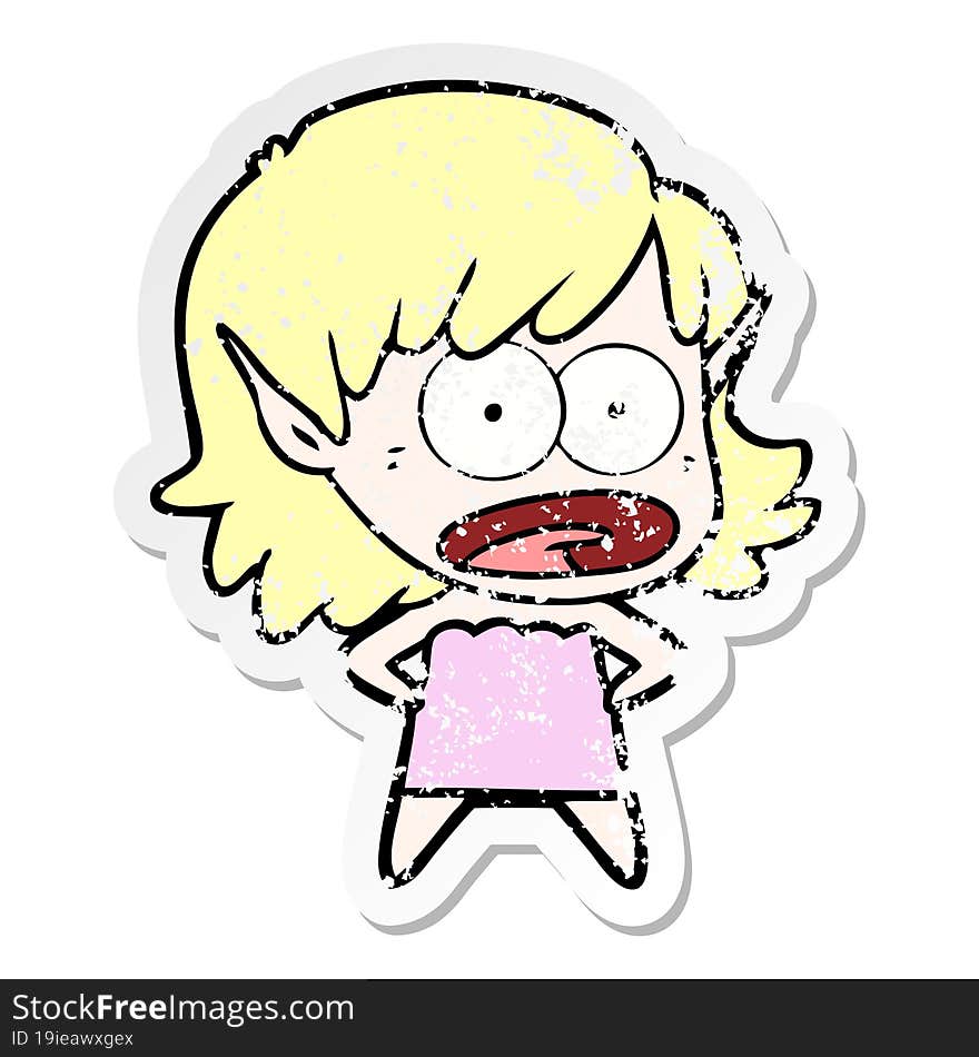 Distressed Sticker Of A Cartoon Shocked Elf Girl