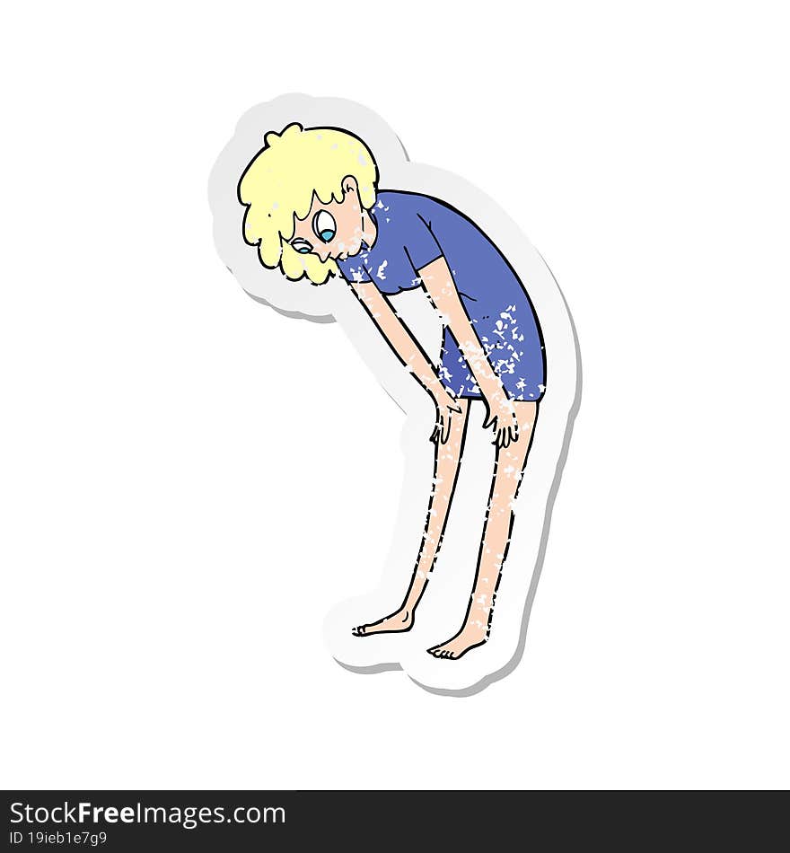 Retro Distressed Sticker Of A Cartoon Woman Looking At Her Feet