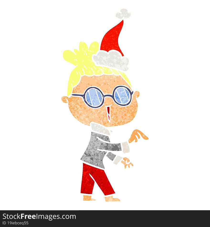 retro cartoon of a woman wearing spectacles wearing santa hat