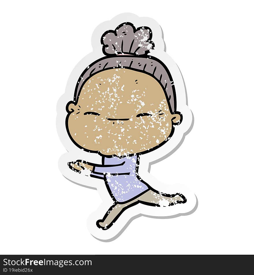 distressed sticker of a cartoon peaceful old woman