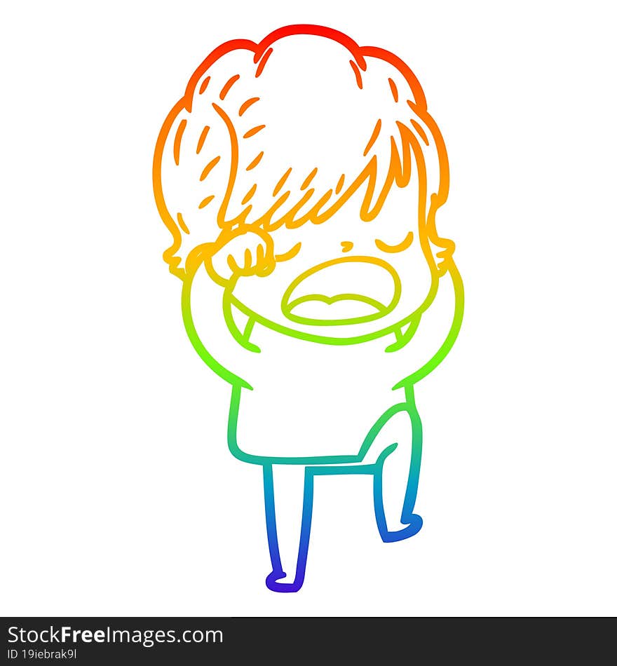 rainbow gradient line drawing of a cartoon woman talking