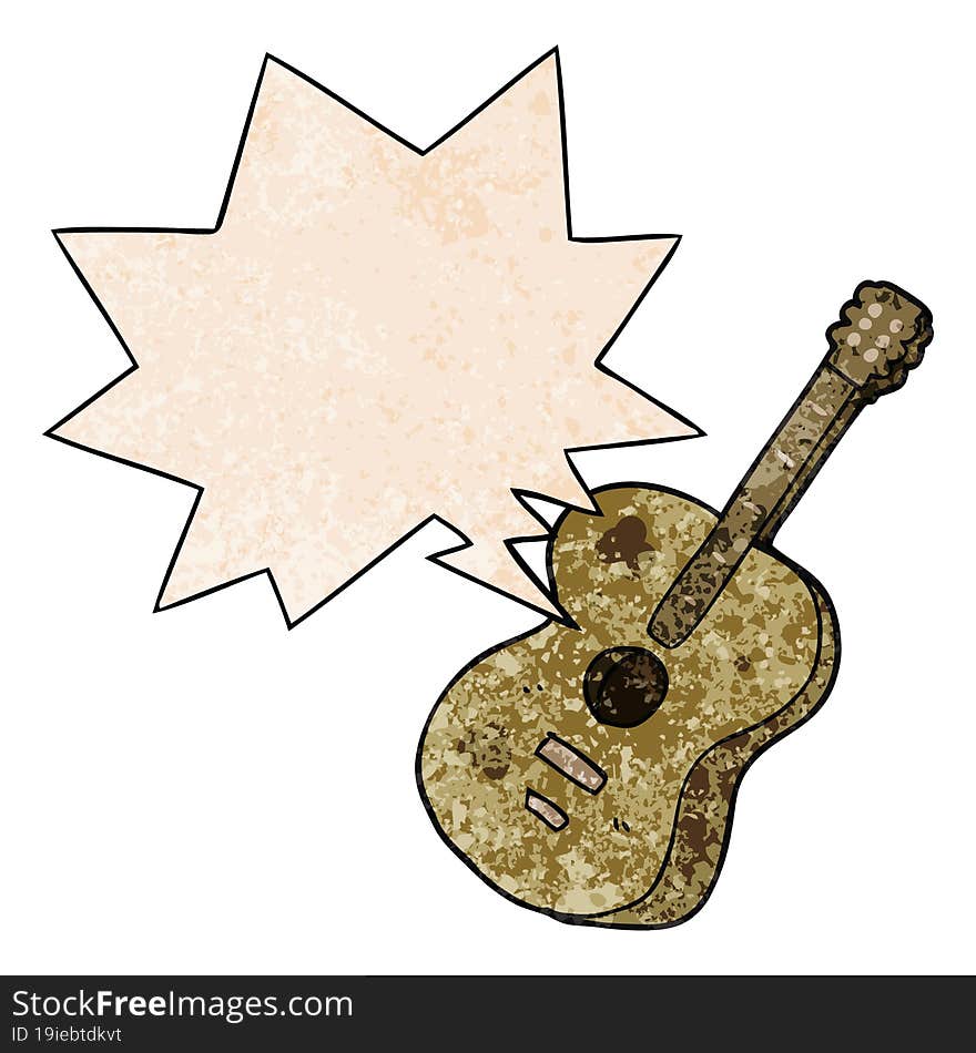 cartoon guitar and speech bubble in retro texture style