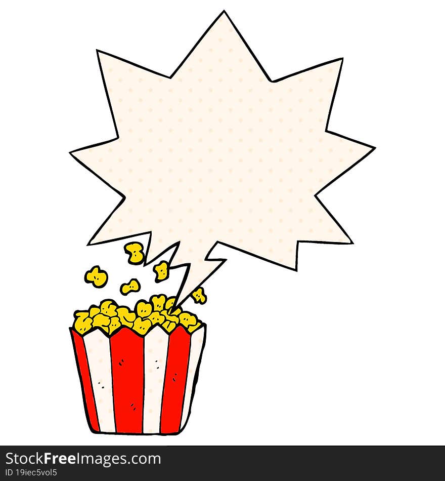 cartoon popcorn and speech bubble in comic book style