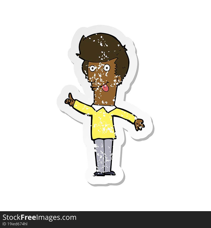 retro distressed sticker of a cartoon funny man with idea