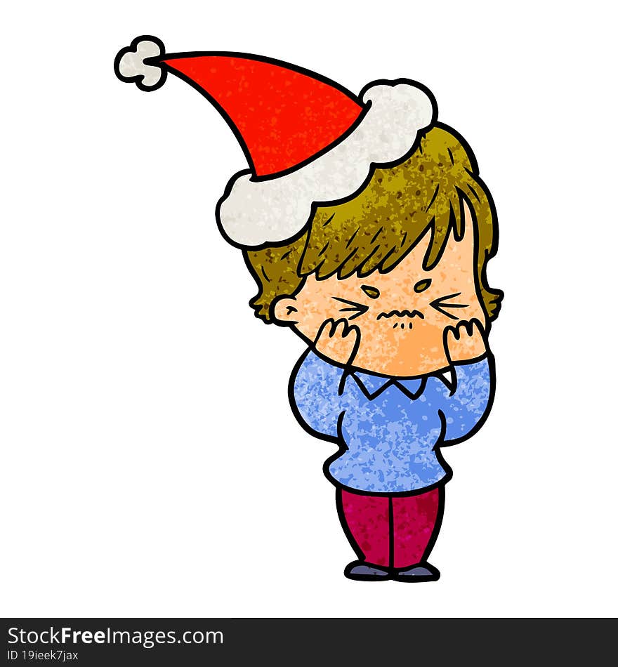 textured cartoon of a frustrated woman wearing santa hat