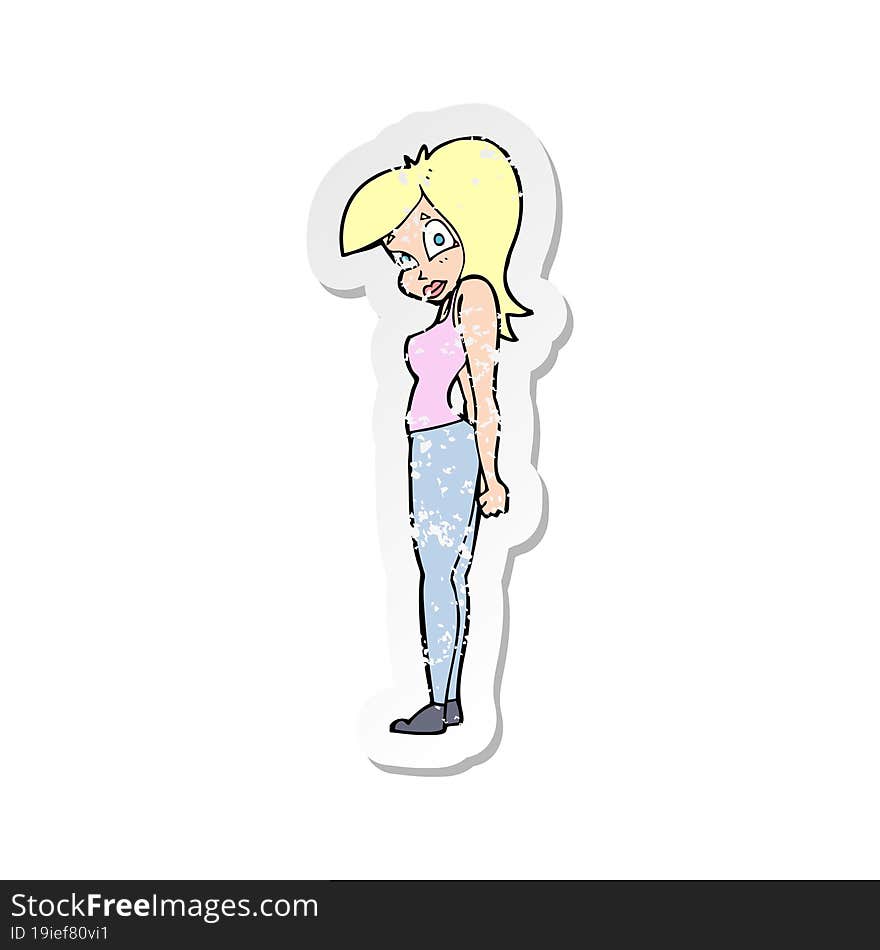 retro distressed sticker of a cartoon pretty woman