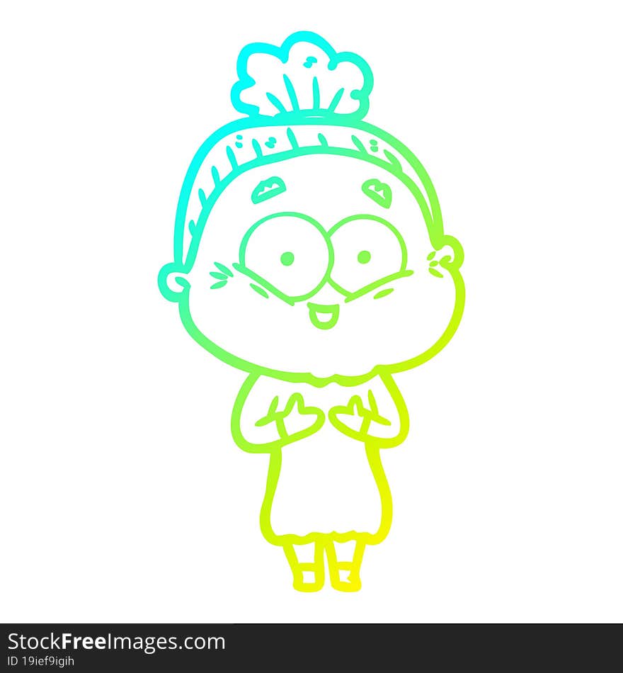 cold gradient line drawing cartoon happy old woman