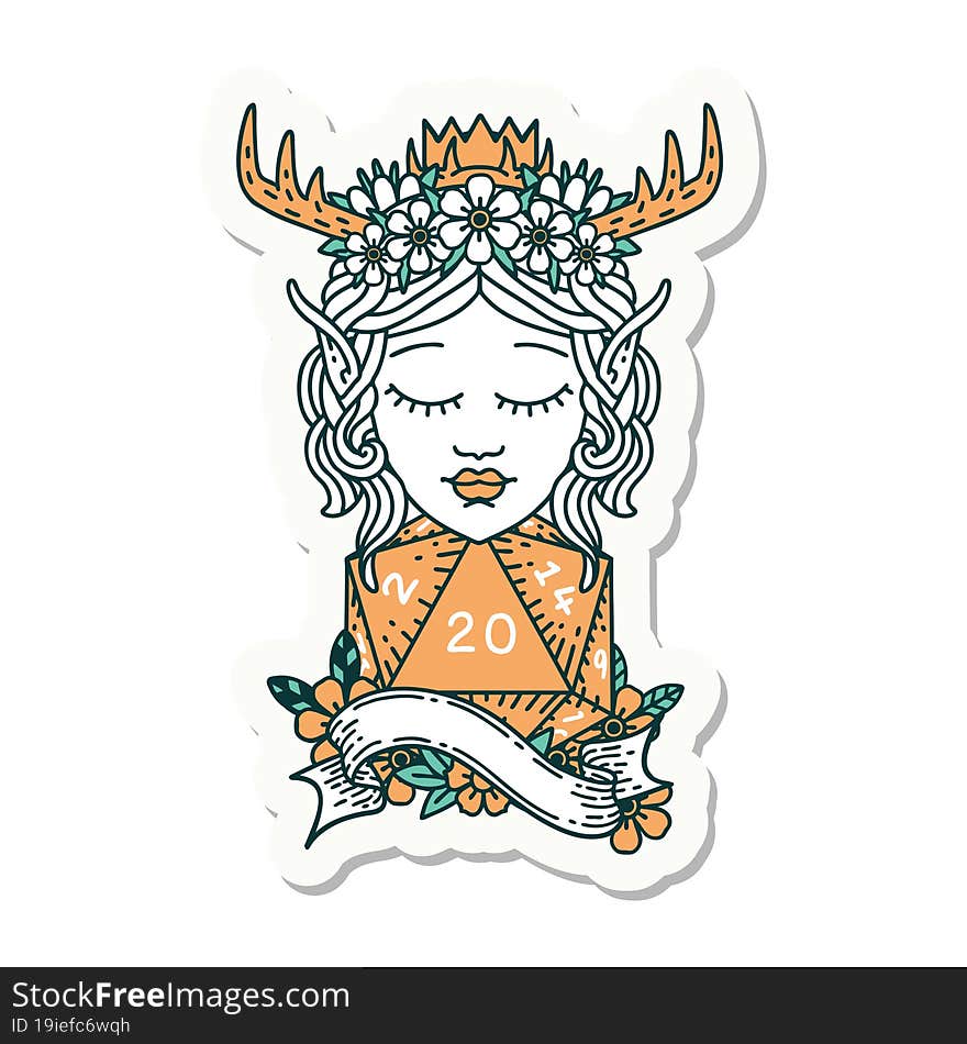 sticker of a elf druid character with natural twenty dice roll. sticker of a elf druid character with natural twenty dice roll