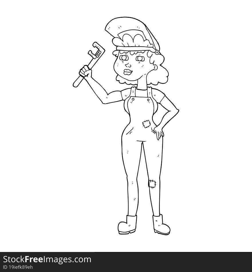 freehand drawn black and white cartoon capable woman with wrench