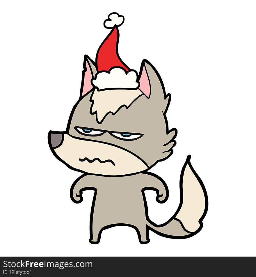 Line Drawing Of A Annoyed Wolf Wearing Santa Hat